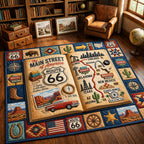 Open Road Stories area rug in a living room