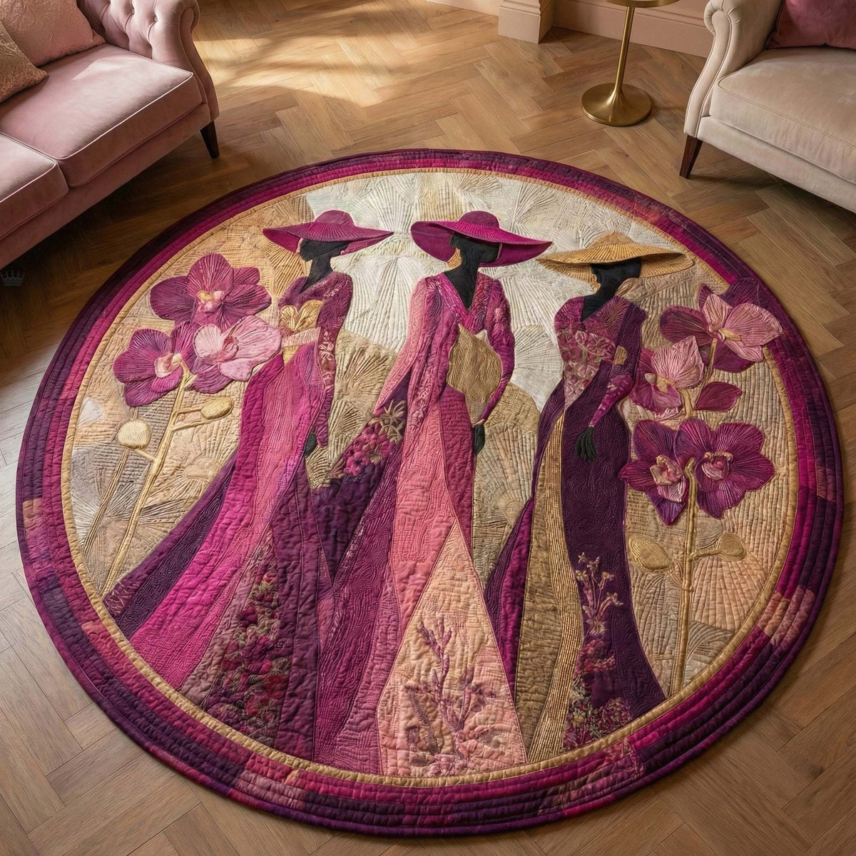Orchid Sisters Round Mat Rug - washable non-slip printed rug
