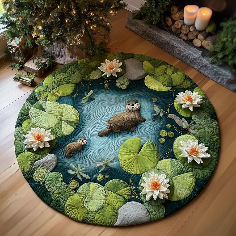 Otters in Bloom Round Mat Rug - washable non-slip printed rug