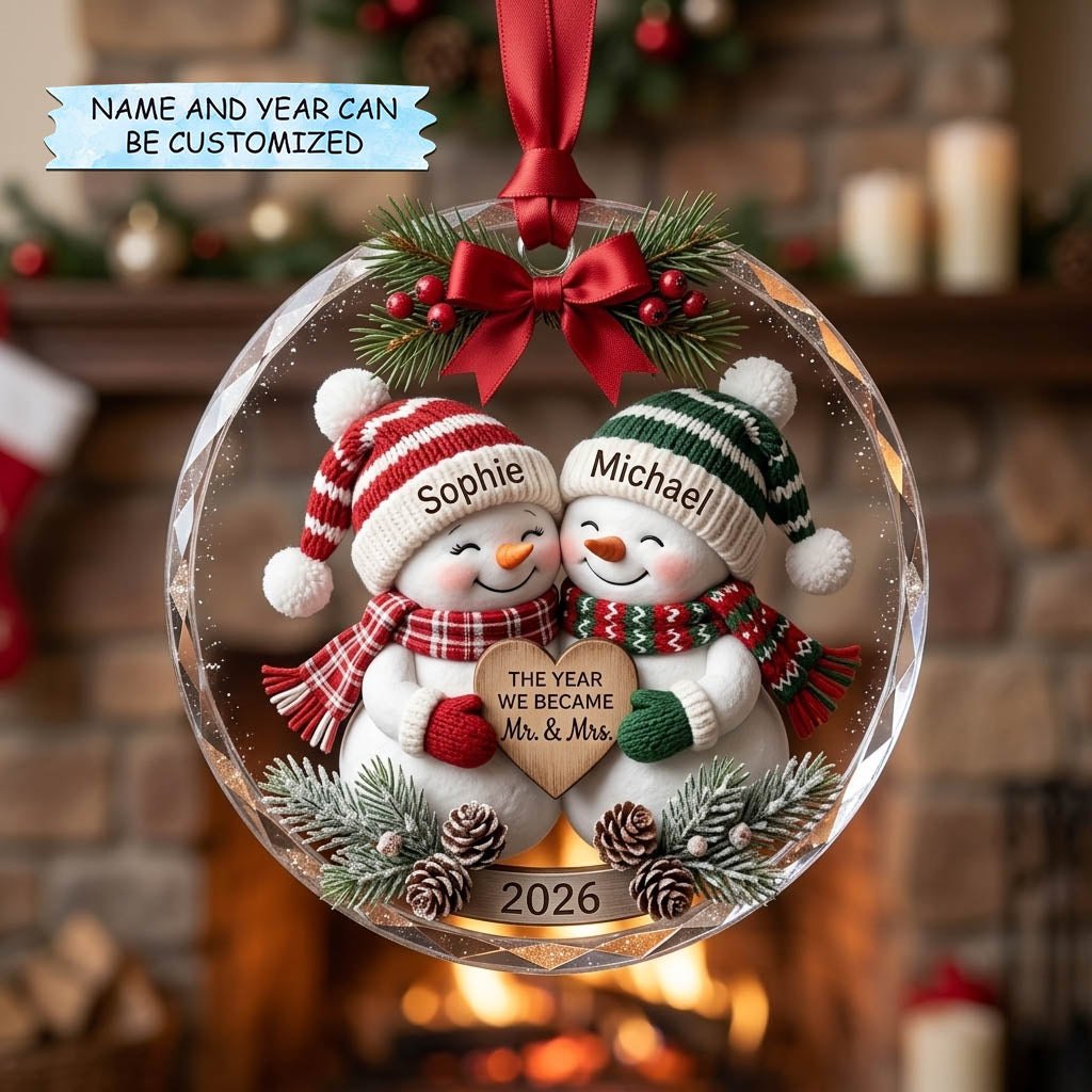 Snowman Couple Crystal Round Christmas Ornament