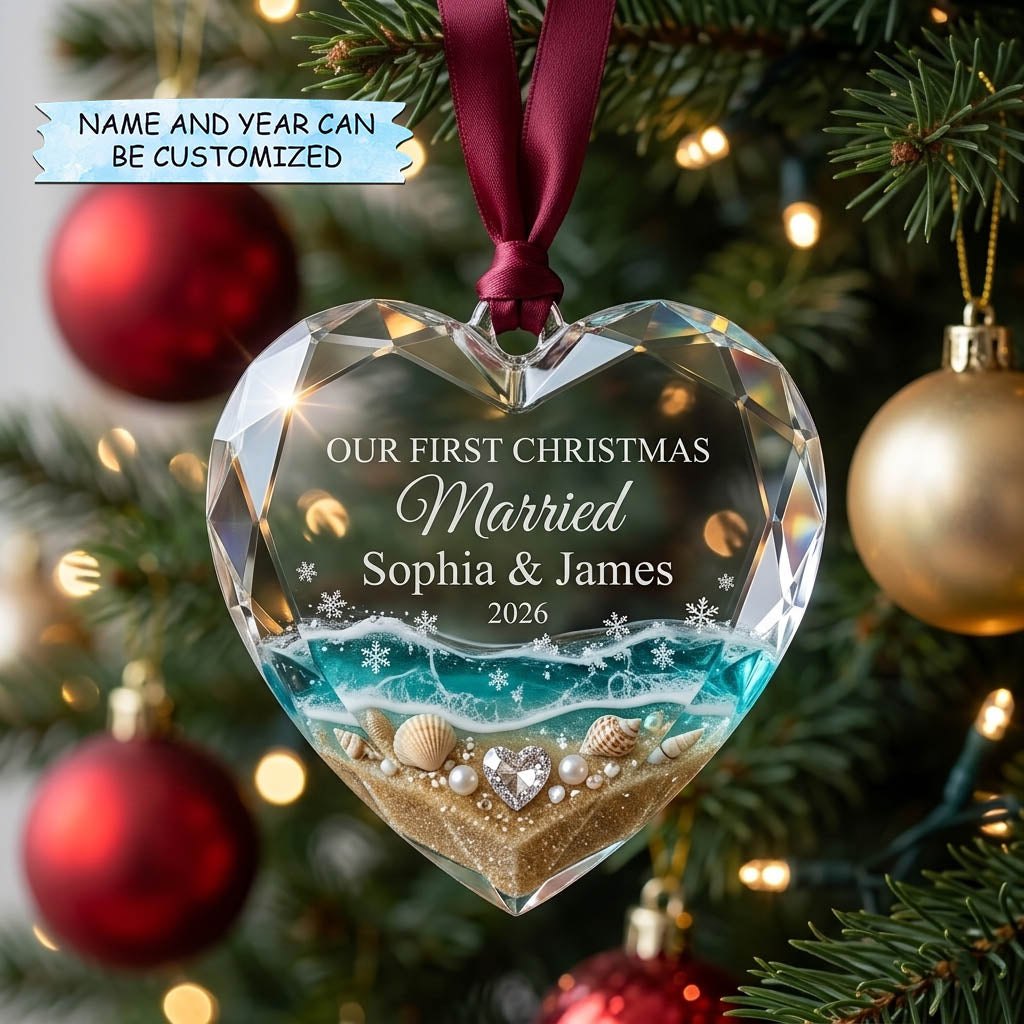 Ocean Beach Heart Married Christmas Ornament