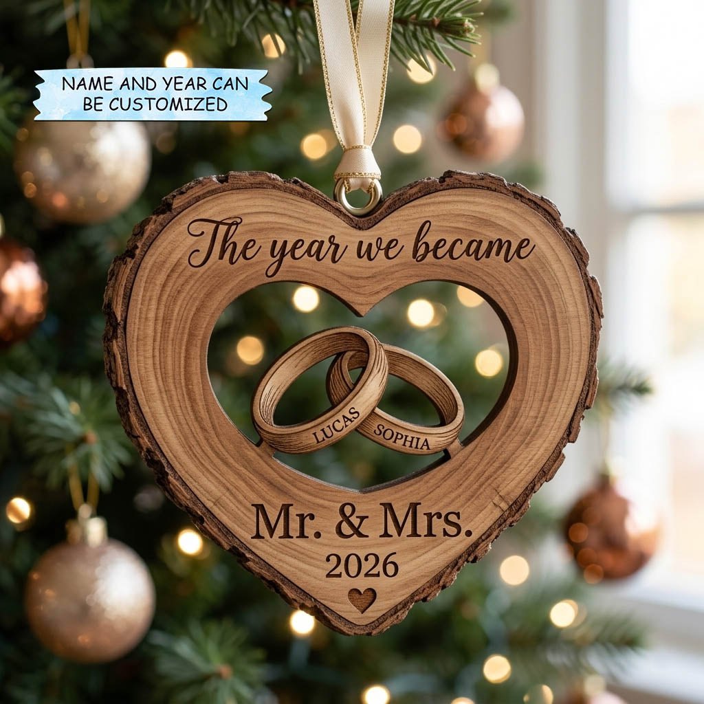 Wood Slice Wedding Rings Christmas Ornament