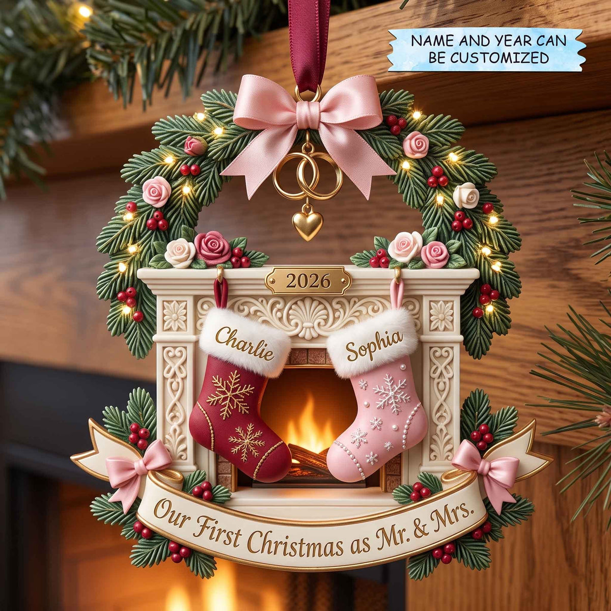Pink Rose Fireplace Stockings Christmas Ornament
