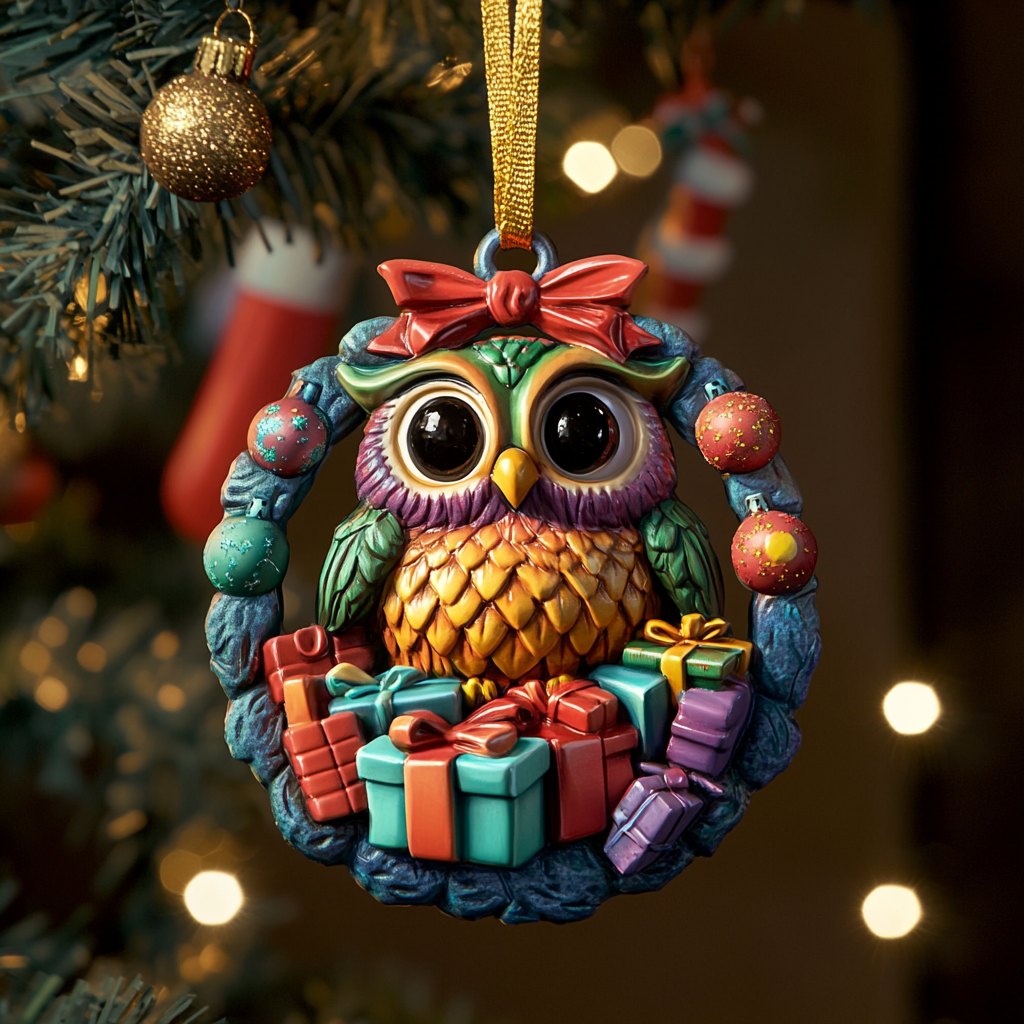 Owl Wreath Gift Pile Christmas Ornament