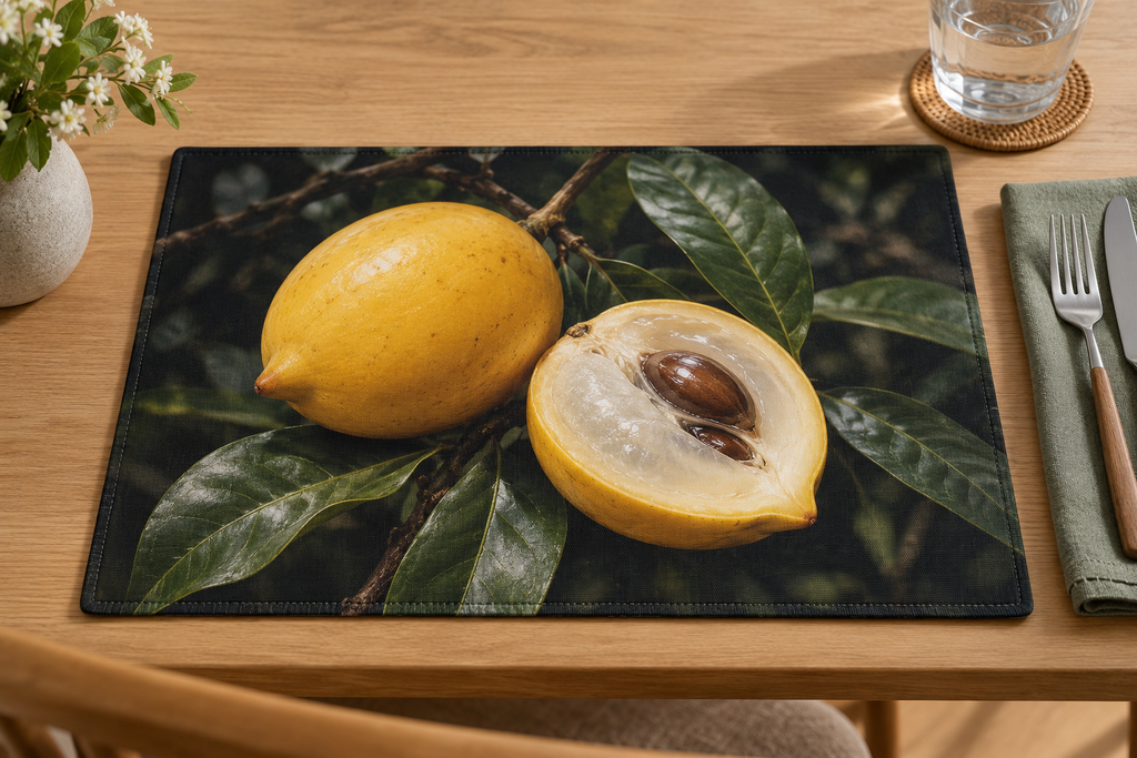 Yellow abiu fruit and cut half with pale translucent pulp and glossy brown seeds among green leaves printed on a complete rectangular placemat