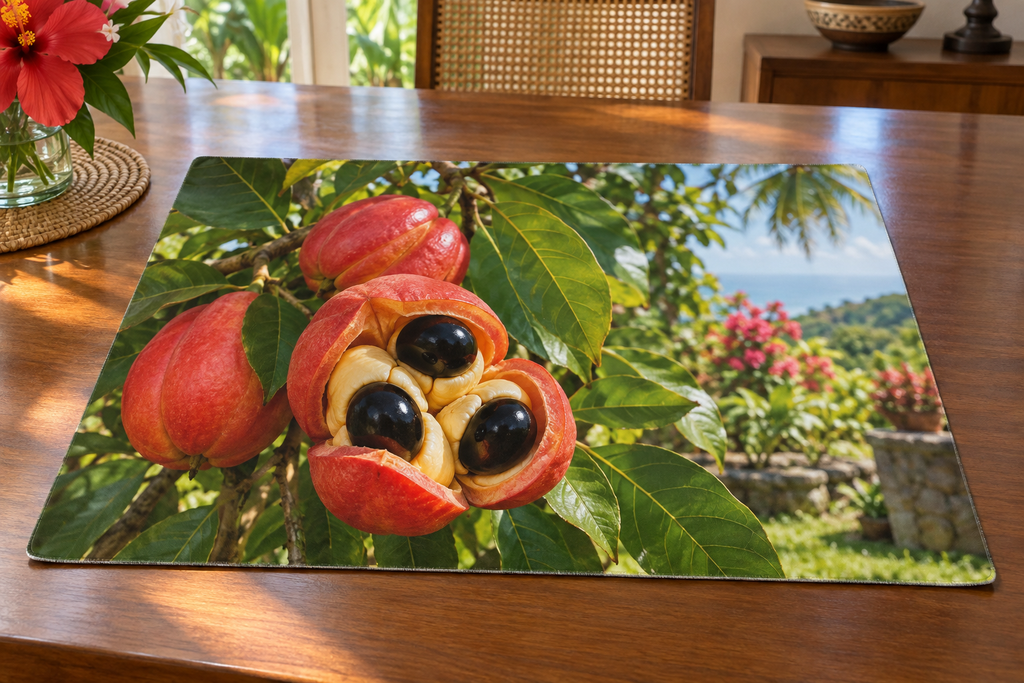 Red split ackee capsule with three glossy black seeds and pale arils among green leaves printed on a complete rectangular placemat