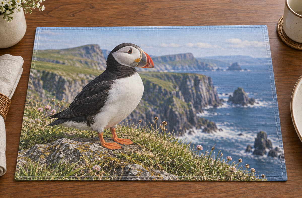 Atlantic puffin on grassy rock before receding sea cliffs printed on a complete linen placemat