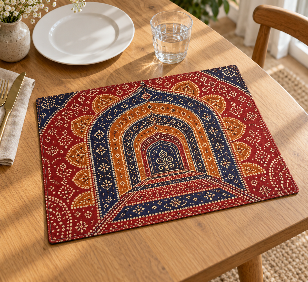 Bandhani-inspired ivory dots and red saffron indigo receding arches printed on a flat rectangular placemat