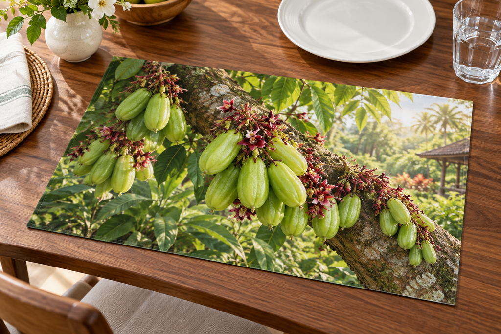 Green ribbed bilimbi fruit and small red flowers on a woody branch before a tropical garden printed on a complete flat rectangular placemat