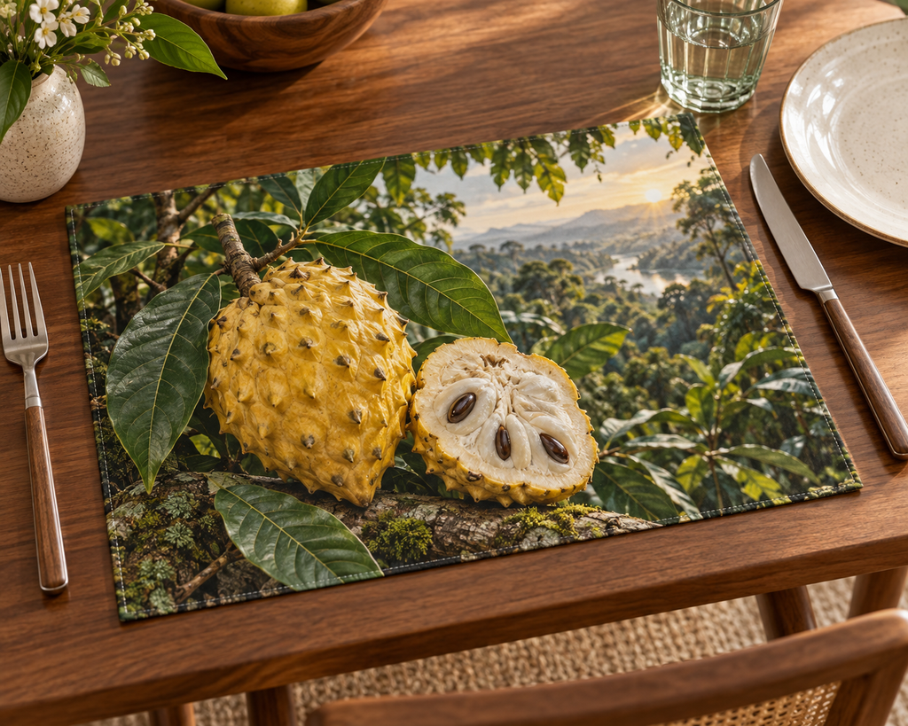 Golden yellow biriba fruit, pale pulp and dark seeds among green leaves in an orchard printed on a complete rectangular placemat