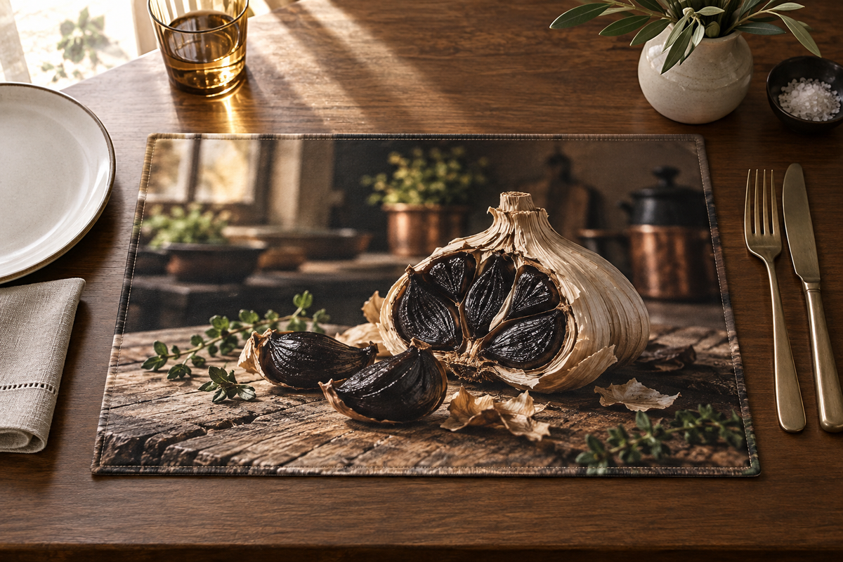 Papery garlic bulb exposing dark cloves before a receding kitchen printed on a flat rectangular placemat