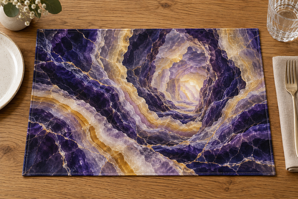 Purple cream and amber mineral bands forming a receding optical tunnel printed on a rectangular placemat