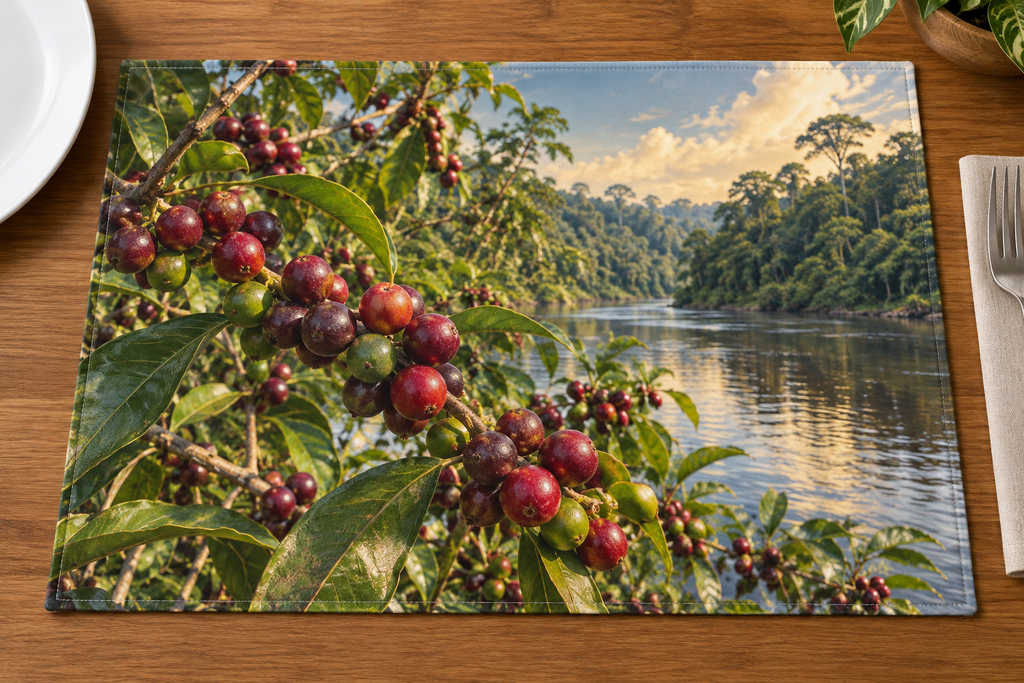 Red-purple and green camu camu fruit on leafy branches beside a tropical river printed on a complete flat rectangular placemat