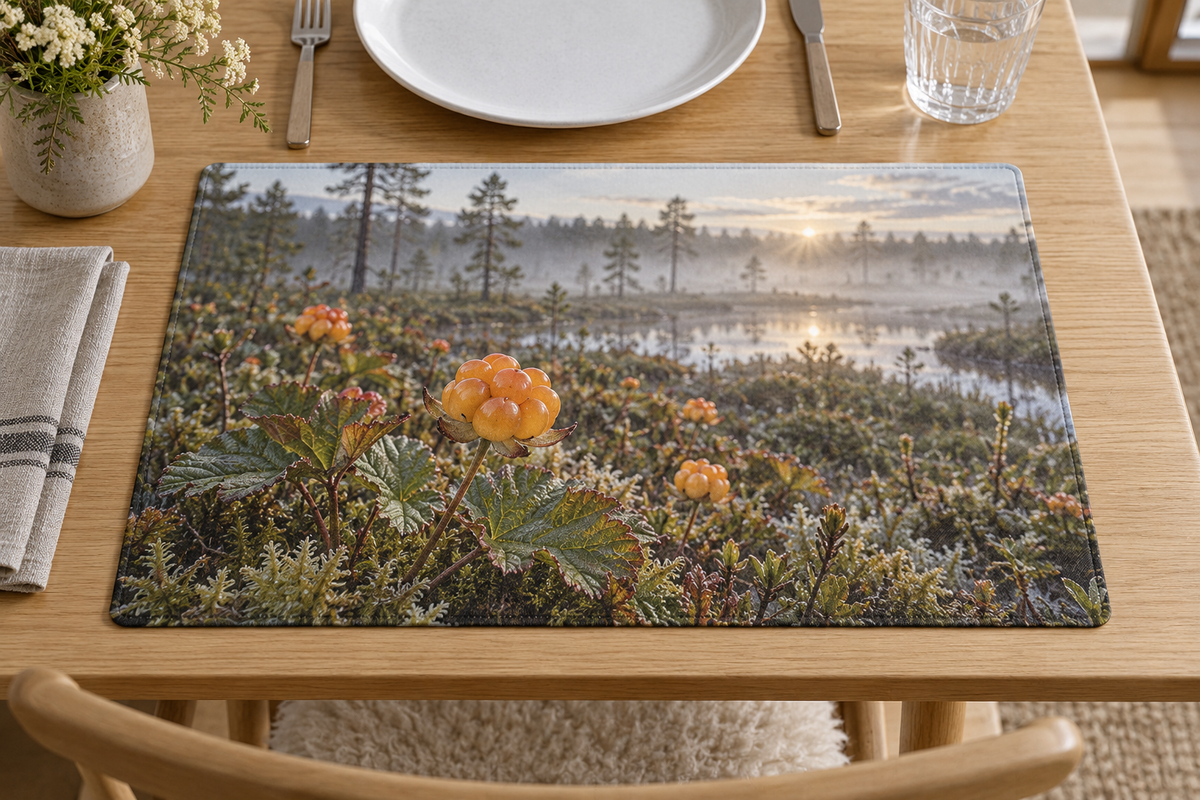 Amber cloudberries and lobed leaves above moss before a receding boreal bog printed on a complete rectangular linen-textured placemat