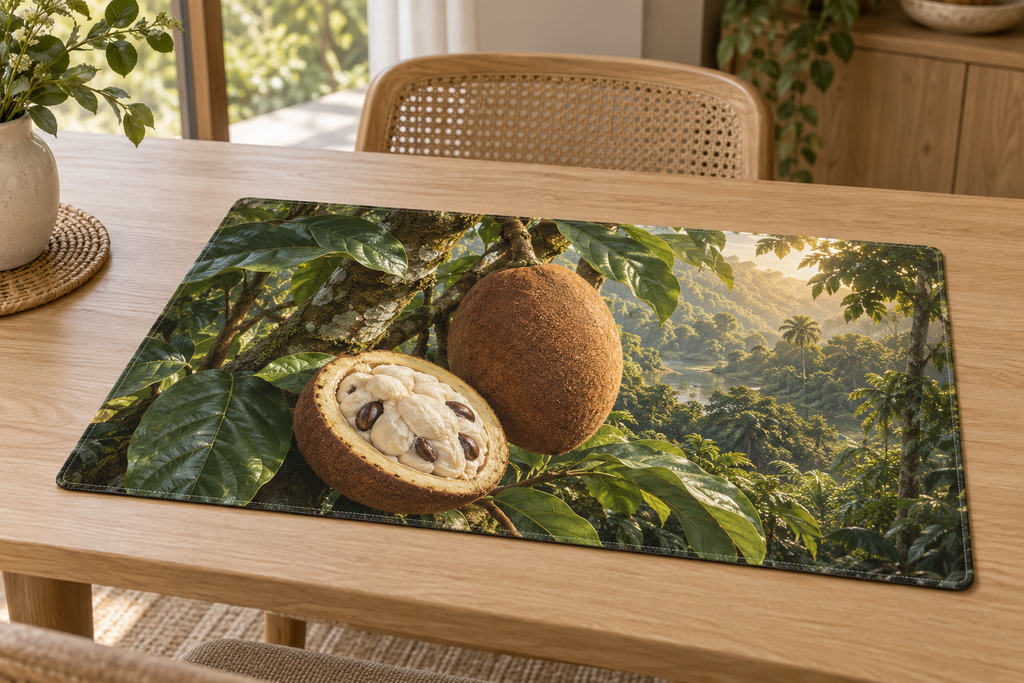Brown cupuacu fruit and creamy seed pulp above a deep rainforest printed on a complete linen placemat