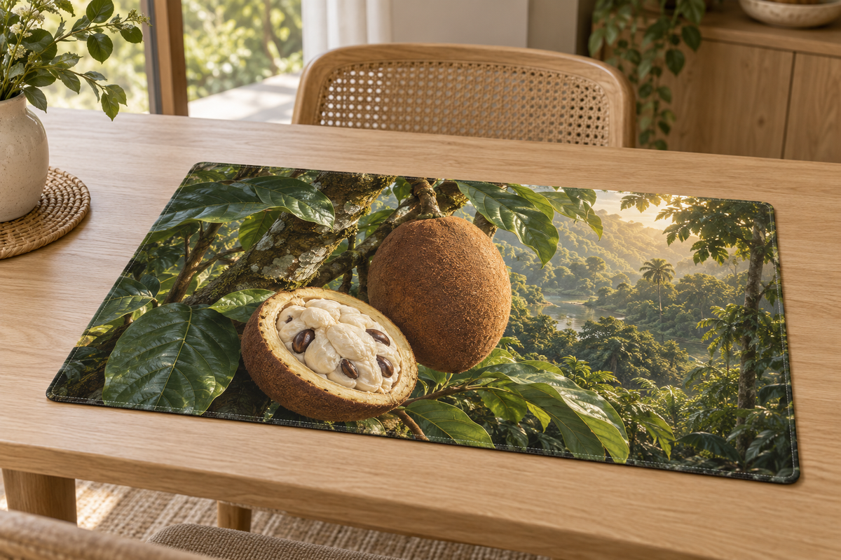 Brown cupuacu fruit and creamy seed pulp above a deep rainforest printed on a complete linen placemat