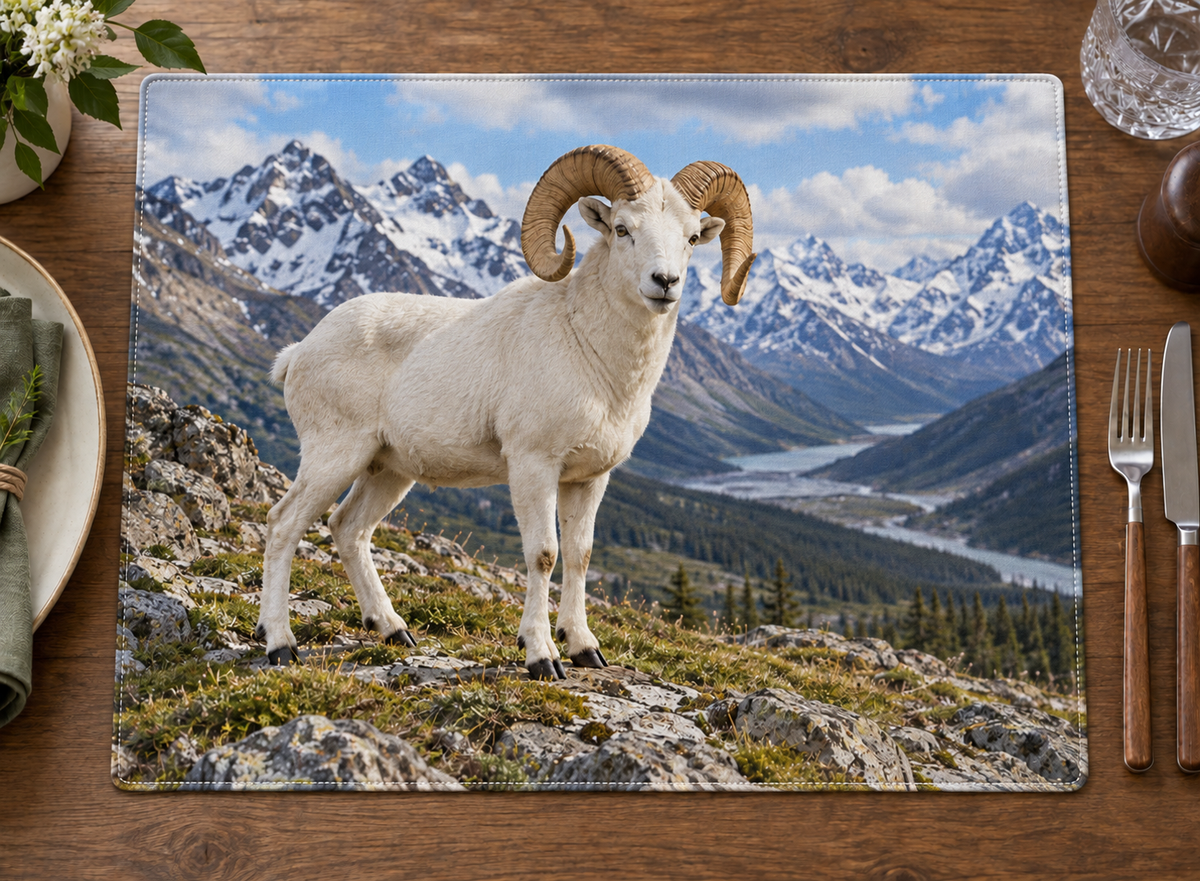 White Dall ram with curled amber horns above a deep alpine valley printed on a complete linen placemat