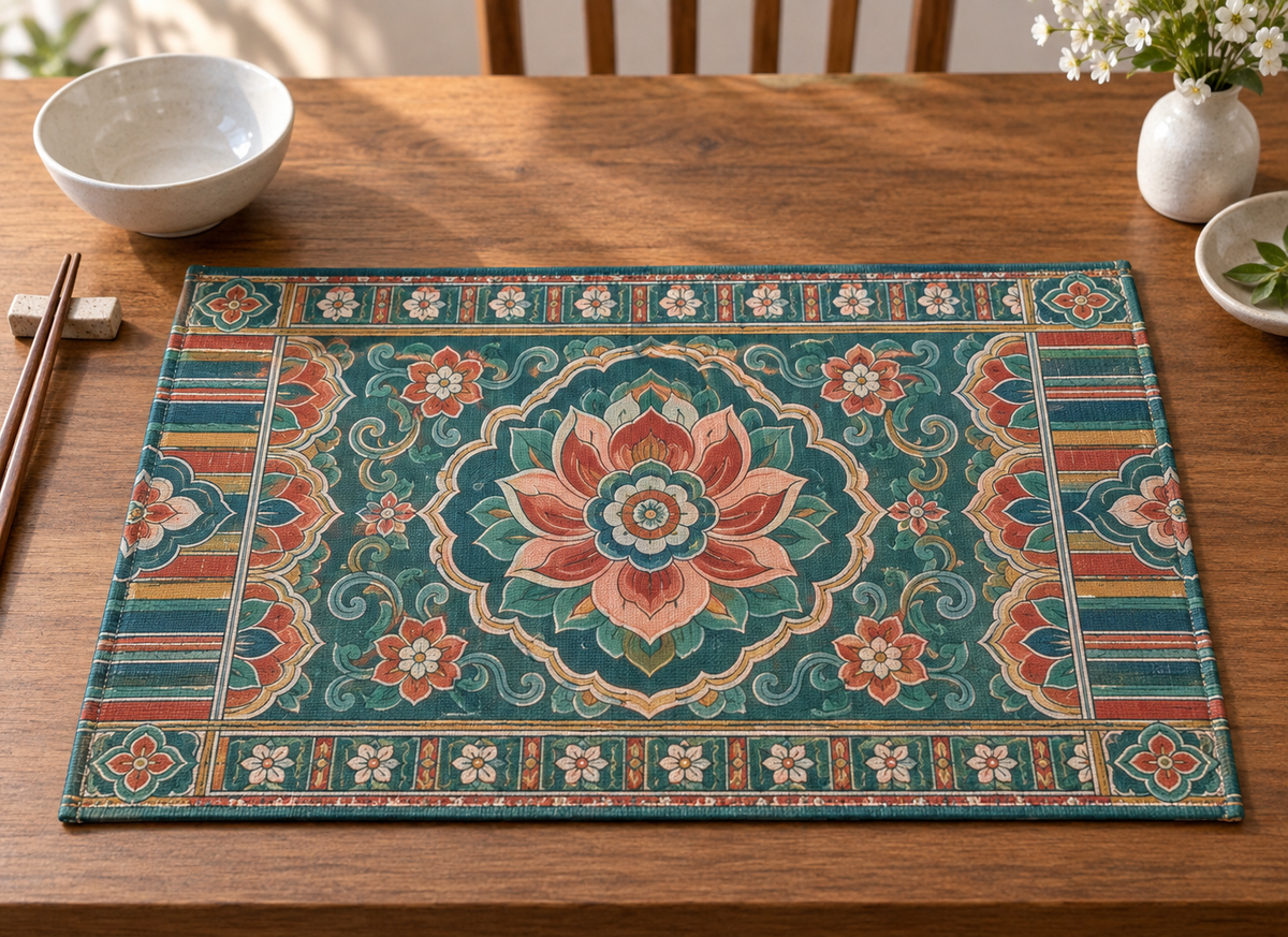 Dancheong-inspired lotus medallion and ornamental bands printed on a flat rectangular placemat
