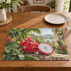 Whole pink dragon fruit and sliced white flesh with black seeds against tropical greenery printed on a flat rectangular placemat