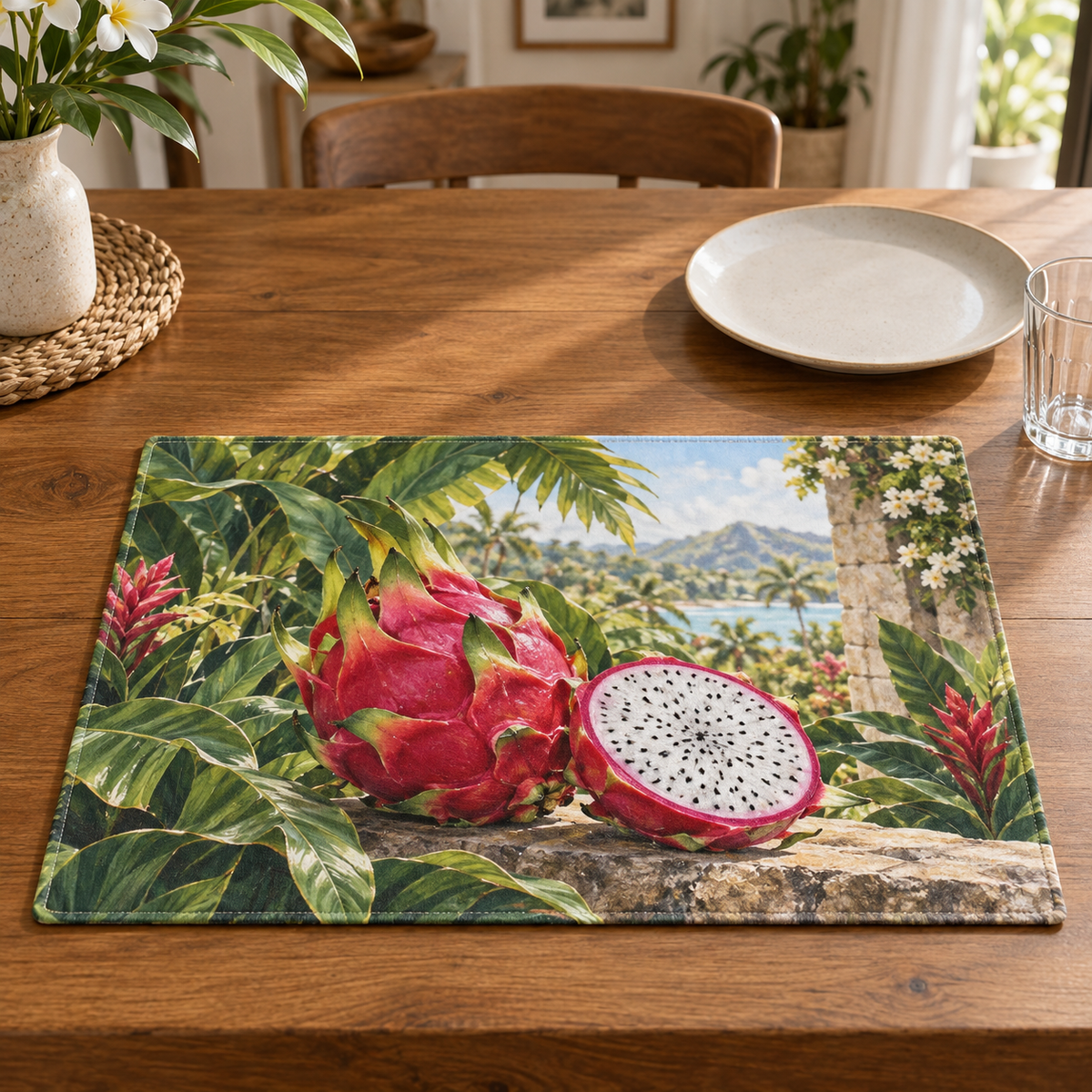 Whole pink dragon fruit and sliced white flesh with black seeds against tropical greenery printed on a flat rectangular placemat