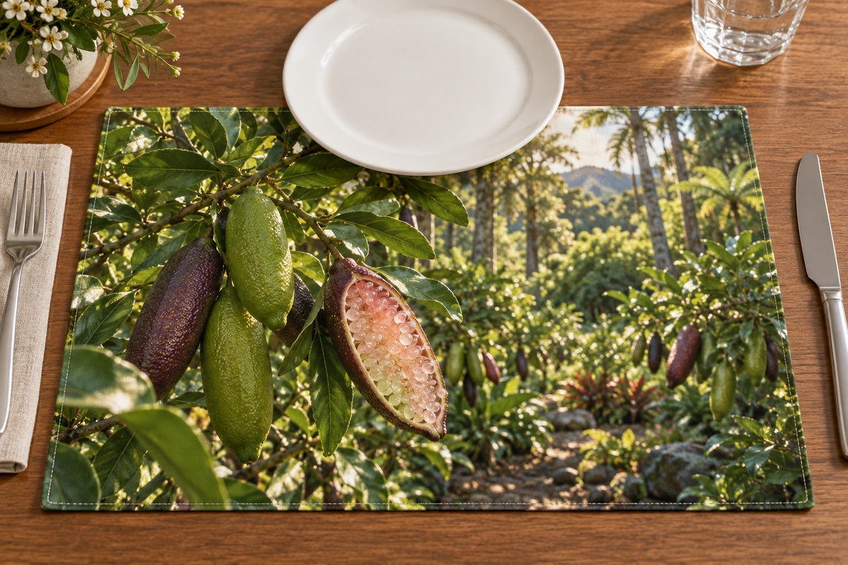Green and purple finger limes with pearl-like pulp before a receding grove printed on a flat rectangular placemat