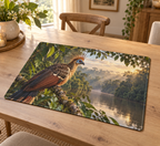 Crested hoatzin with blue facial skin perched before a receding rainforest river printed on a rectangular placemat