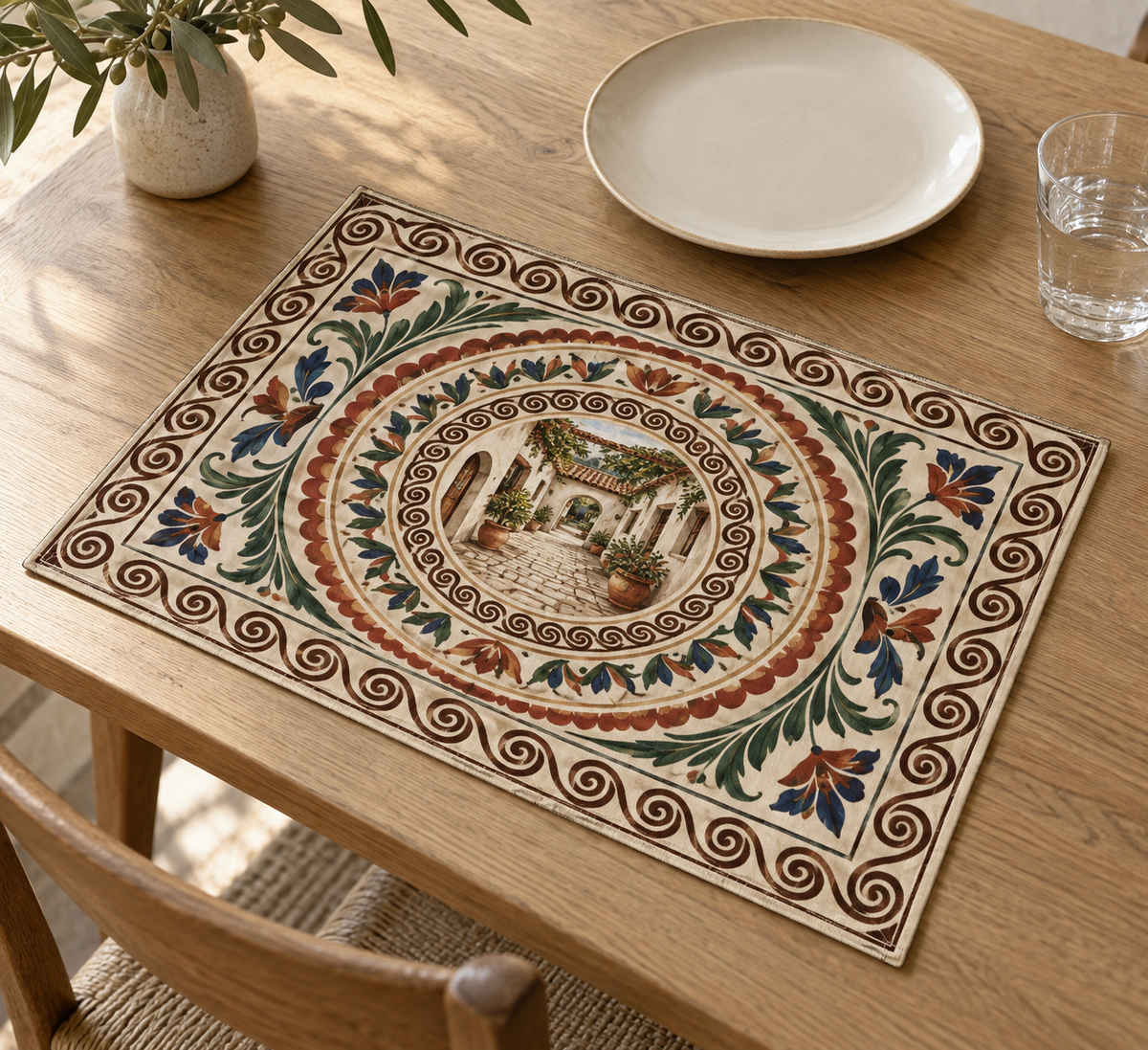 Horezu-inspired earth-tone spirals and floral motifs framing a receding courtyard printed on a flat placemat