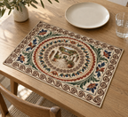 Horezu-inspired earth-tone spirals and floral motifs framing a receding courtyard printed on a flat placemat