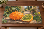 Whole orange horned melon and cut fruit with green pulp among leaves before a receding garden printed on a linen-textured placemat