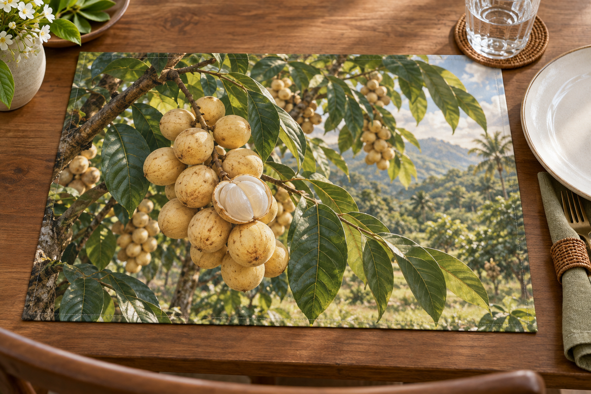 Clusters of pale speckled langsat fruit and an opened segmented fruit among green leaves printed on a complete rectangular placemat