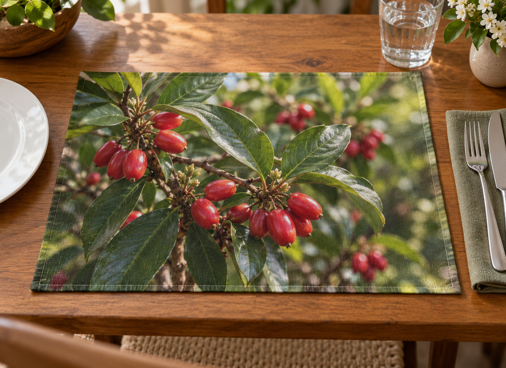Small red miracle fruit berries and glossy pointed leaves before softly receding garden foliage printed on a complete flat rectangular placemat