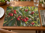 Small red miracle fruit berries and glossy pointed leaves before softly receding garden foliage printed on a complete flat rectangular placemat