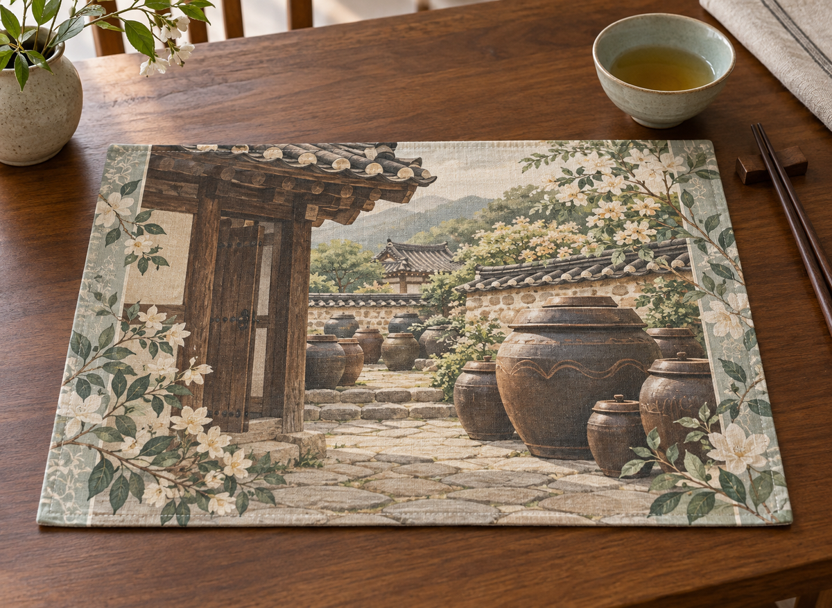 Onggi-inspired earthenware jars and flowering Korean courtyard printed on a flat rectangular placemat