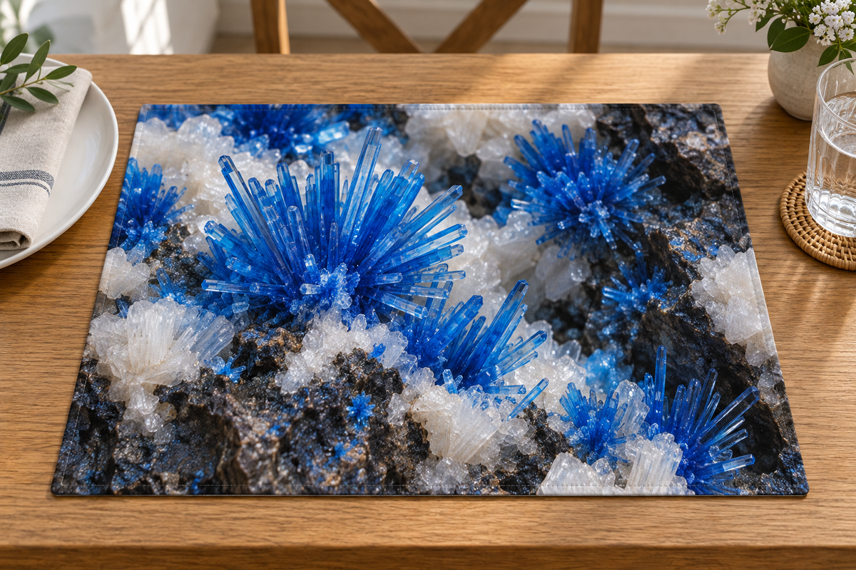 Radiating blue prismatic pentagonite inspired crystals and pale formations printed on a complete flat rectangular placemat