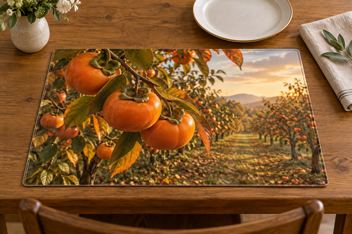 Orange persimmons with broad calyxes and autumn foliage before receding orchard rows printed on one rectangular placemat