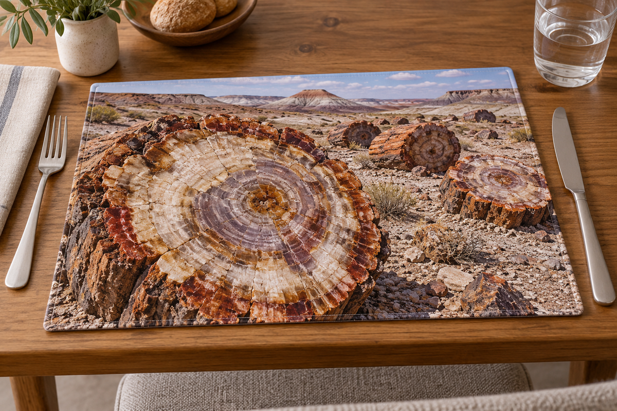 Mineralized fossil log rings and receding desert landscape printed on a flat rectangular placemat