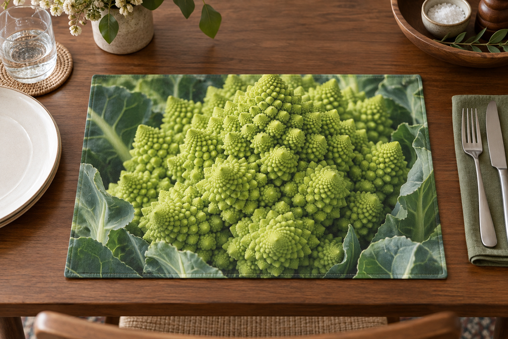 Nested lime-green Romanesco broccoli spiral florets among green leaves printed on a flat rectangular placemat