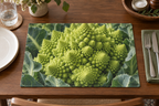 Nested lime-green Romanesco broccoli spiral florets among green leaves printed on a flat rectangular placemat
