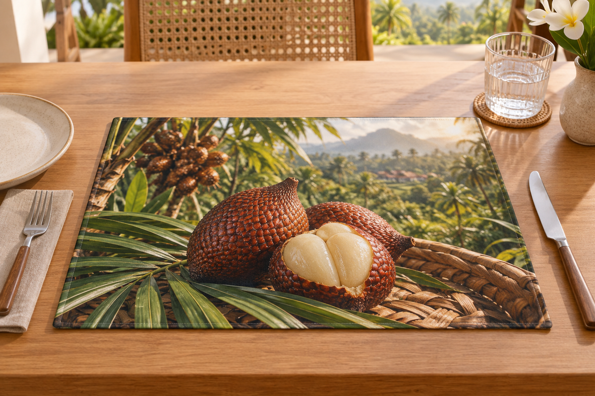 Scaled salak fruit and pale lobed flesh beside leaves and basket before a tropical orchard printed on a flat rectangular placemat