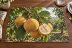 Golden santol fruit and pale pulp among green leaflets in an orchard printed on a complete rectangular placemat