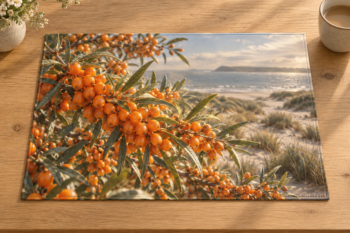 Orange sea buckthorn berries and silvery leaves above a deep coastal landscape printed on a complete linen placemat