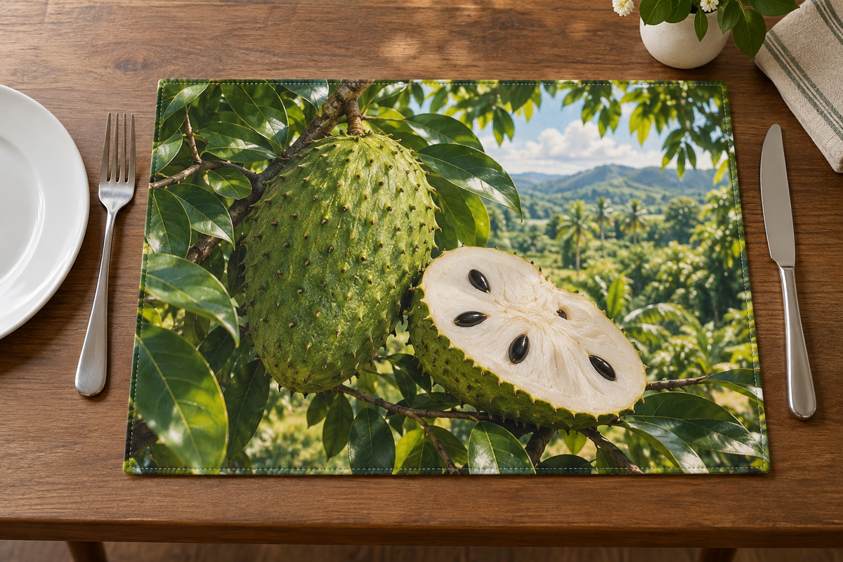 Green spiny soursop and cut white flesh with dark seeds before tropical orchard printed on one rectangular placemat