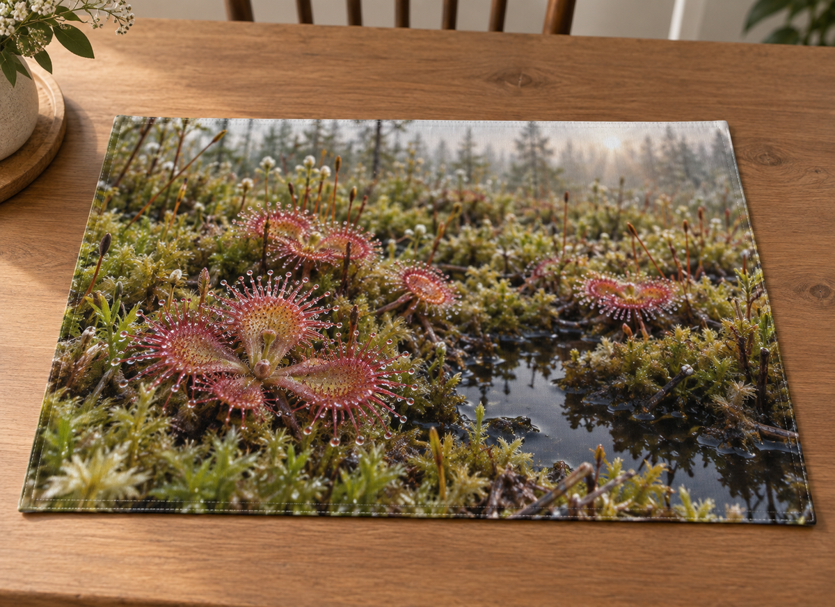 Round-leaved sundews and sphagnum surrounding a receding bog pool printed on a flat placemat
