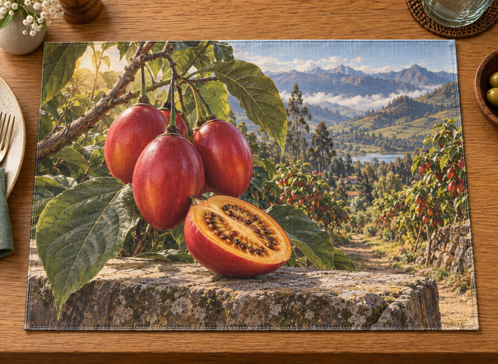 Red tamarillos and golden cut fruit before a deep orchard printed on a complete linen placemat