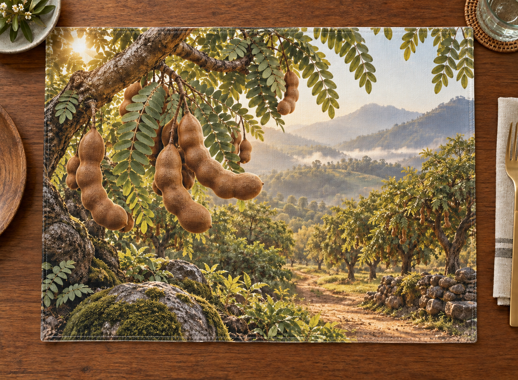 Brown tamarind pods and pinnate leaves before a deep orchard printed on a complete linen placemat