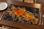 Orange square tabular wulfenite inspired crystals on dark matrix printed on a complete flat rectangular placemat