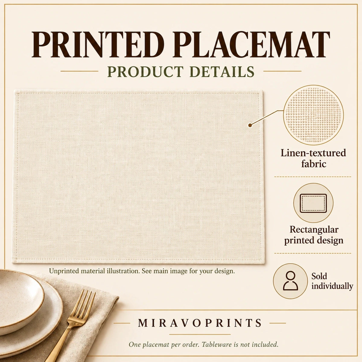 Placemat features guide: unprinted illustration; see main image for purchased design