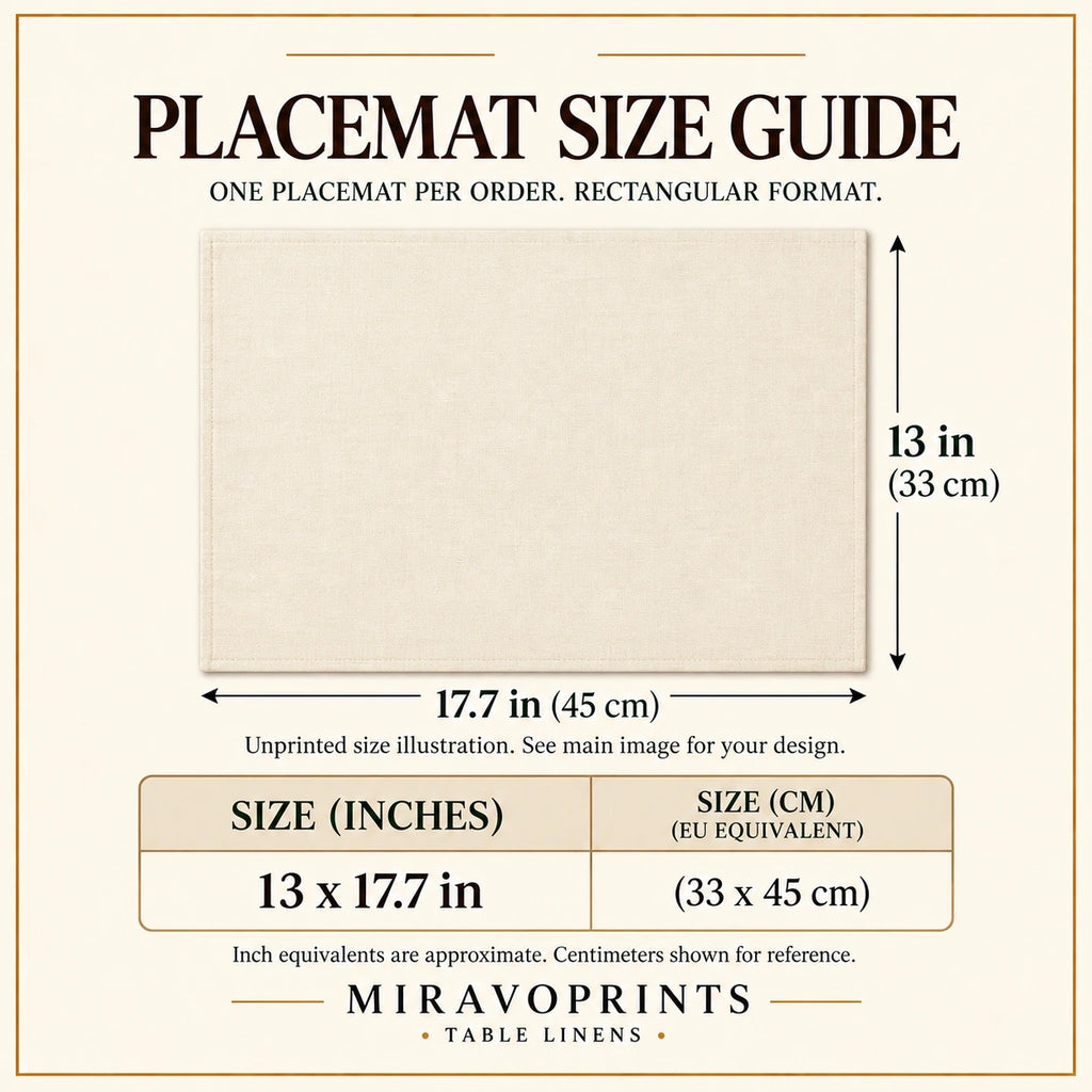 Placemat sizes guide: unprinted illustration; see main image for purchased design