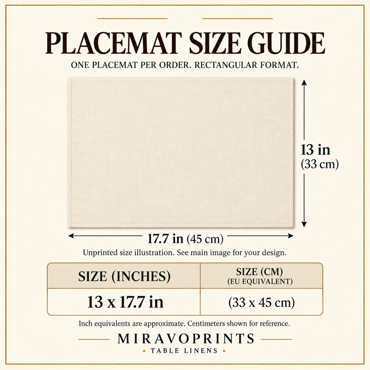 Placemat sizes guide: unprinted illustration; see main image for purchased design
