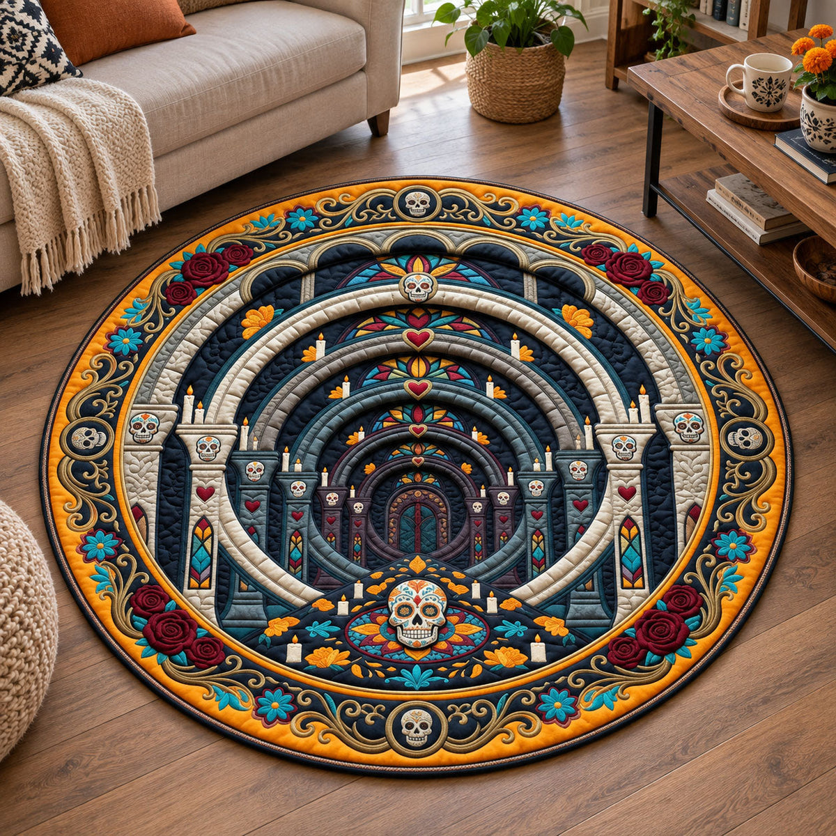 Palace Sugar Skull Round Mat Rug - Nature Design | Serene Home Decor - washable non-slip printed rug